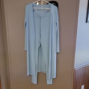 Light Blue Ribbed Cardigan and Pants Set